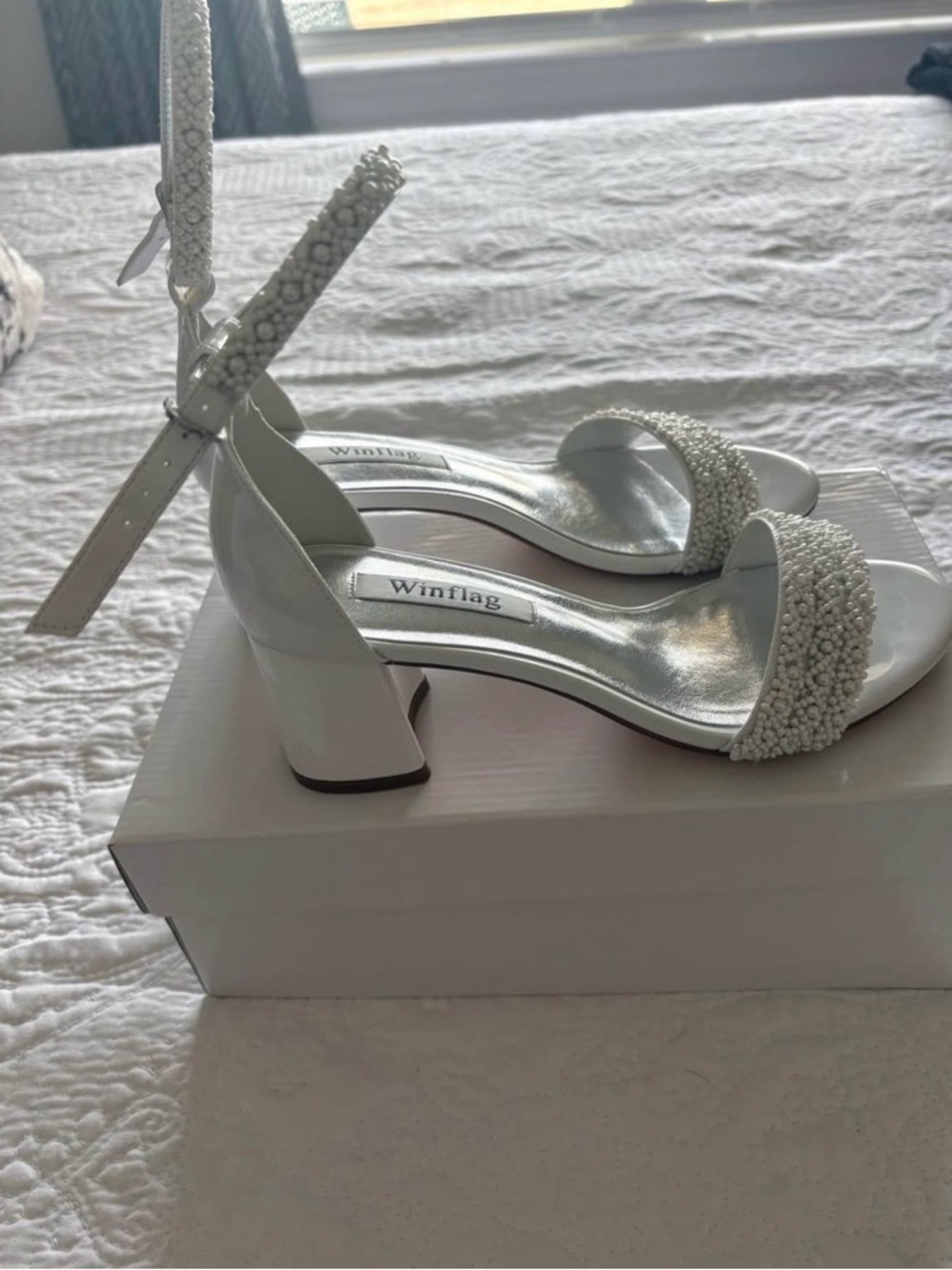 White Pearl-Embellished Block Heel Sandals